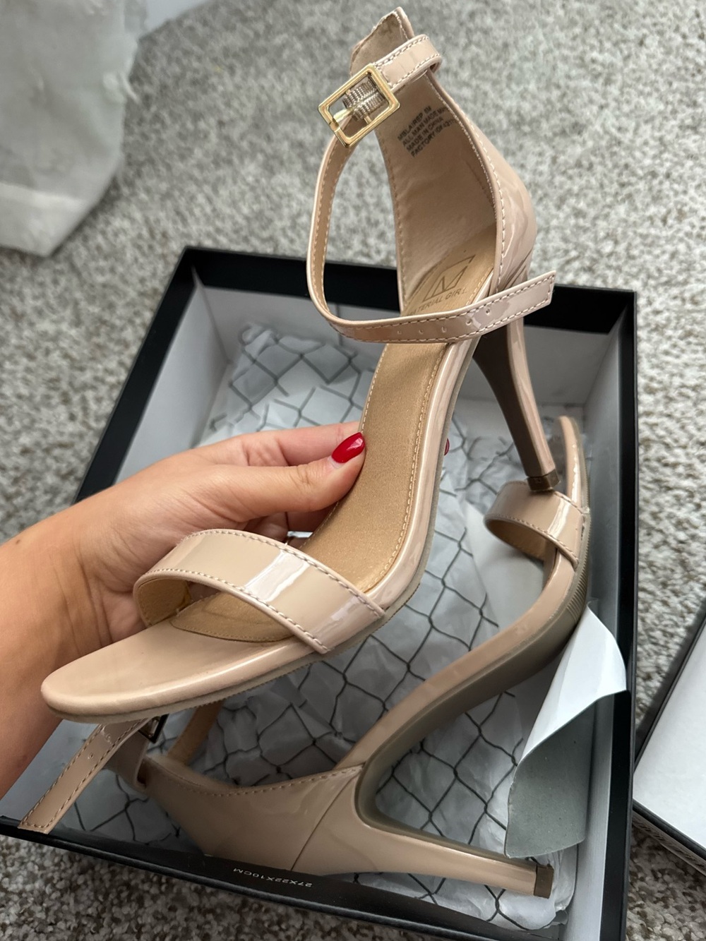 Material Girl Nude Patent Ankle-Strap Stiletto Heels